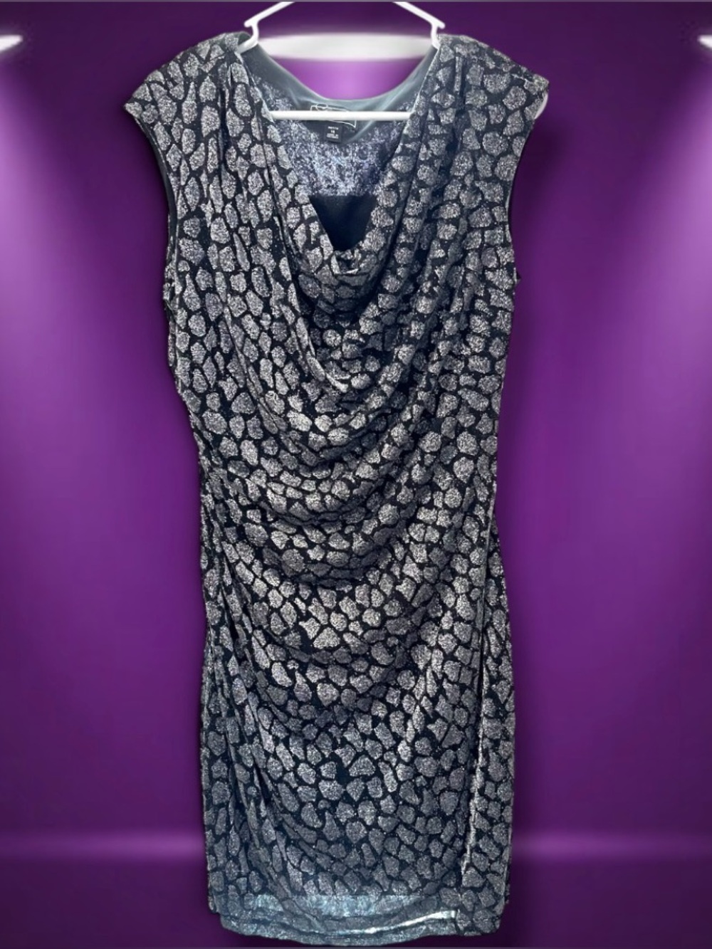Vintage Y2K Dressbarn Black Silver Sparkly Cowl Neck Cocktail Dress Petite 14P